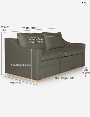 Dimensions on the king sized Coniston Loden Gray Linen Sleeper Sofa