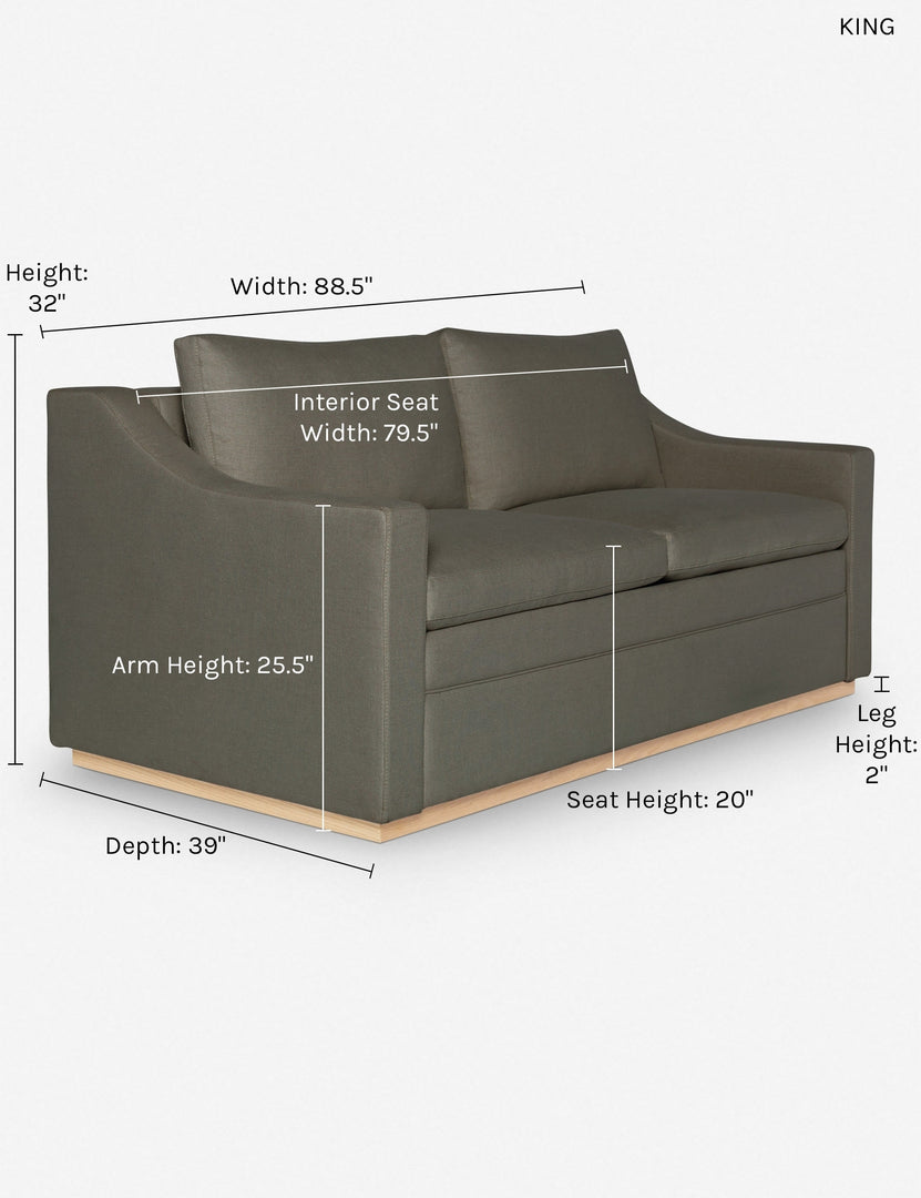 #size::king #color::loden #size::queen | Dimensions on the king sized Coniston Loden Gray Linen Sleeper Sofa