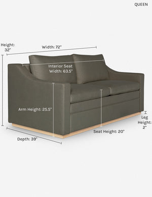Dimensions on the queen sized Coniston Loden Gray Linen Sleeper Sofa