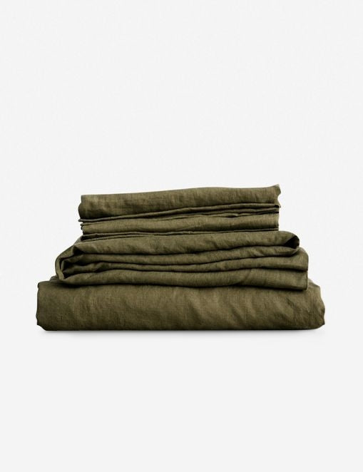 #color::olive #size::twin #size::queen #size::king #size::cal-king | European Flax Linen olive green Sheet Set by Cultiver