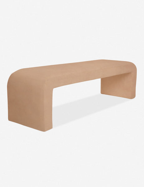 #color::buff | Angled view of Tate light pink velvet upholstered bench.