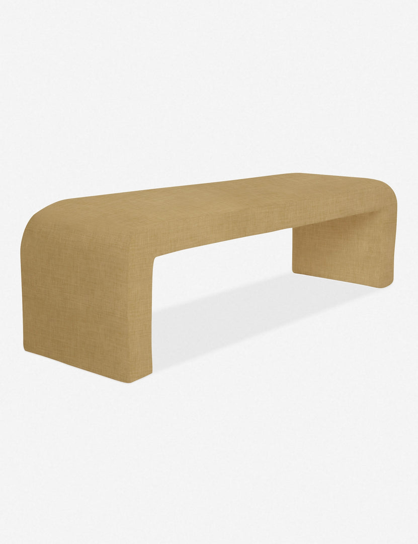 #color::wheat | Angled view of Tate mustard velvet upholstered bench.
