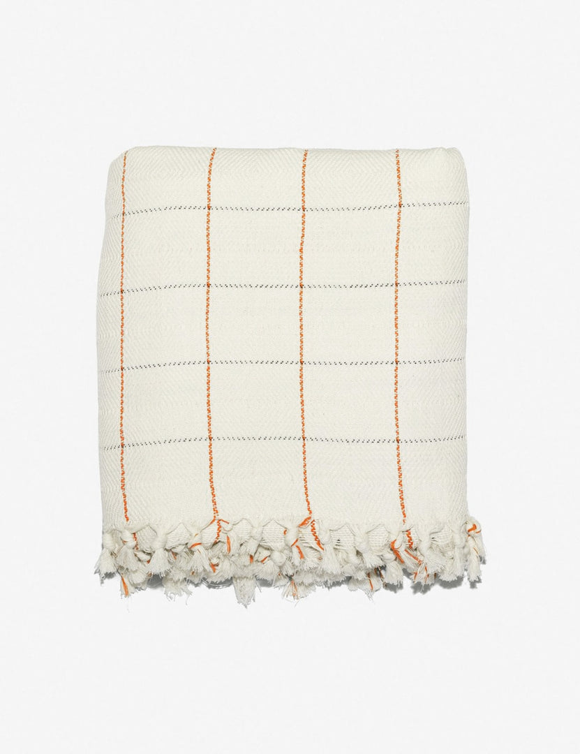 #color::sunset #size::92--x-78- | Dani Cotton tattersall orange and white Bed Cover by House No. 23 with handcrafted tasseled ends