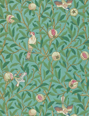 Morris & Co. Bird and Pomegranate Wallpaper, Turquoise/Coral Swatch