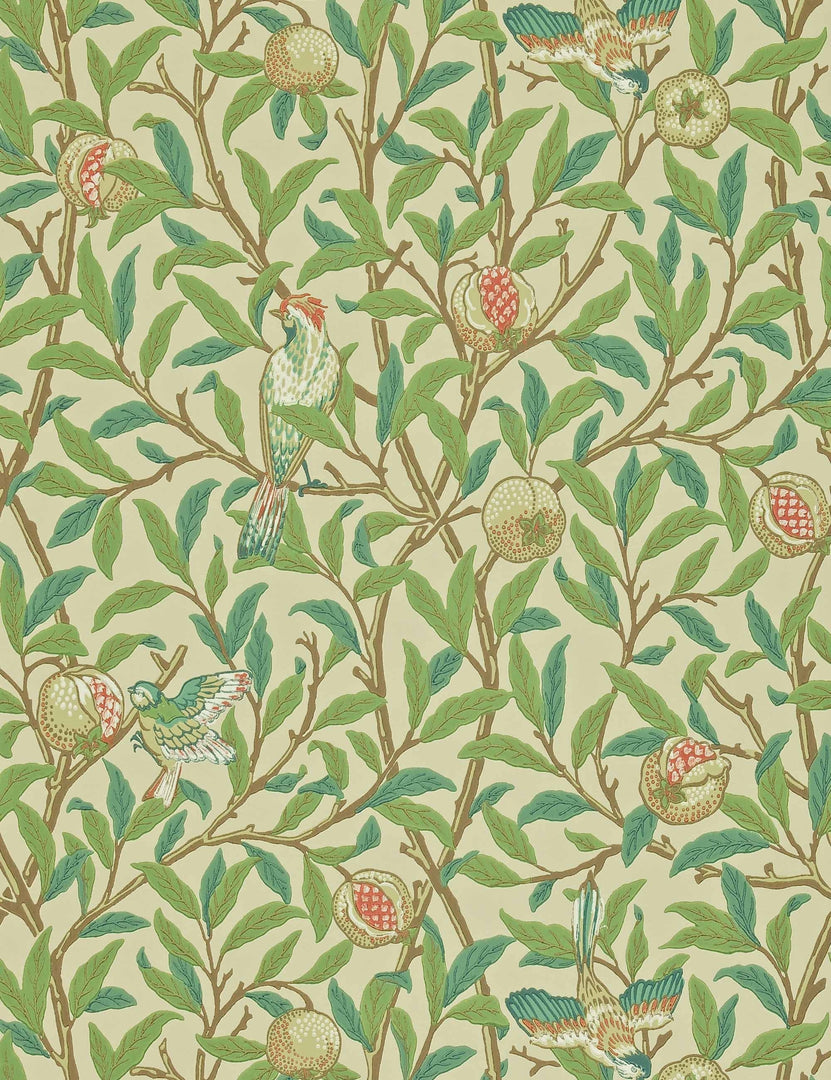 Morris & Co. Bird and Pomegranate Wallpaper, Bay Leaf/Cream Swatch