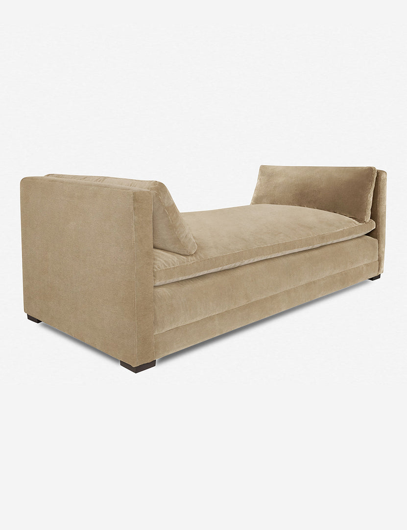 #color::camel | Angled view of the Elvie Camel beige Velvet chaise