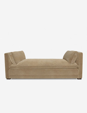 Elive Camel beige Velvet upholstered chaise with a pillowtop bench cushion and plush bolsters