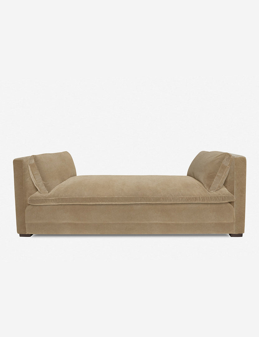 #color::camel | Elive Camel beige Velvet upholstered chaise with a pillowtop bench cushion and plush bolsters