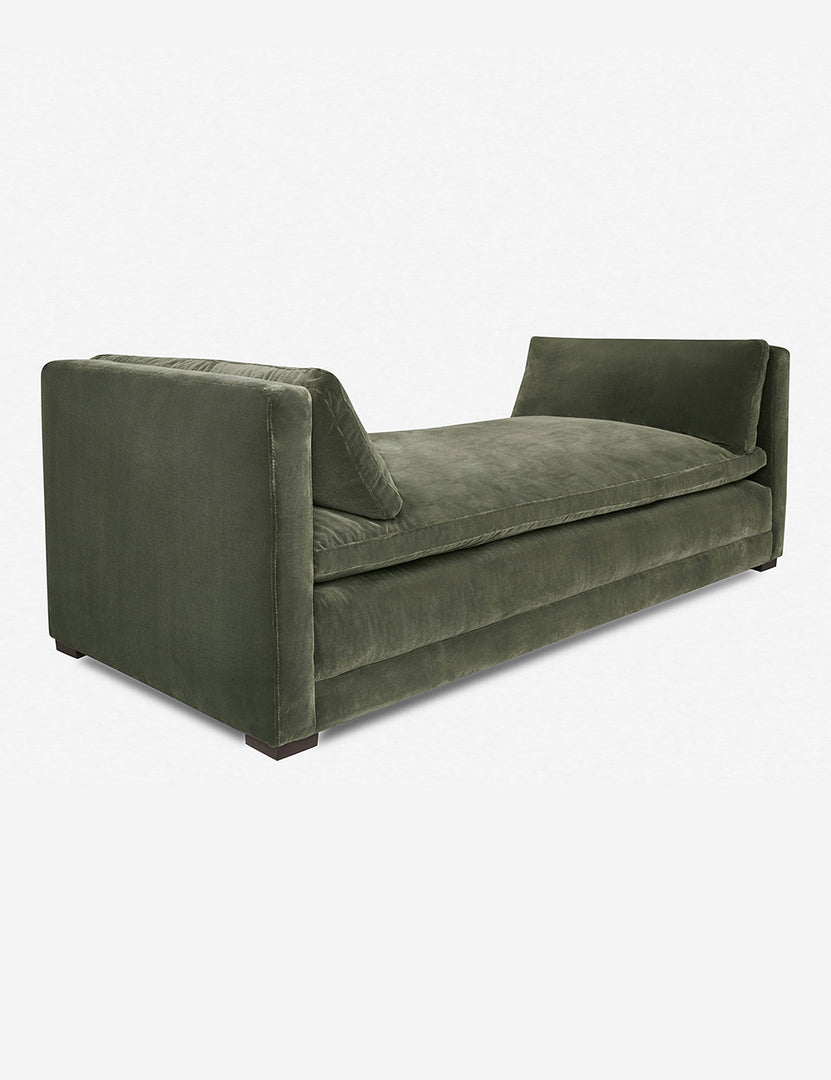 #color::moss | Angled view of the Elvie Moss Green Velvet chaise