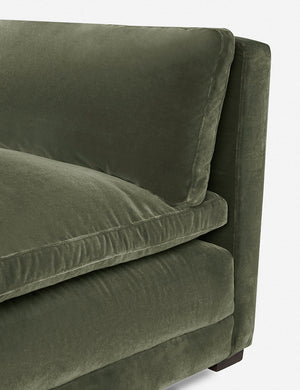 Close-up of the end of the Elvie Moss Green Velvet chaise