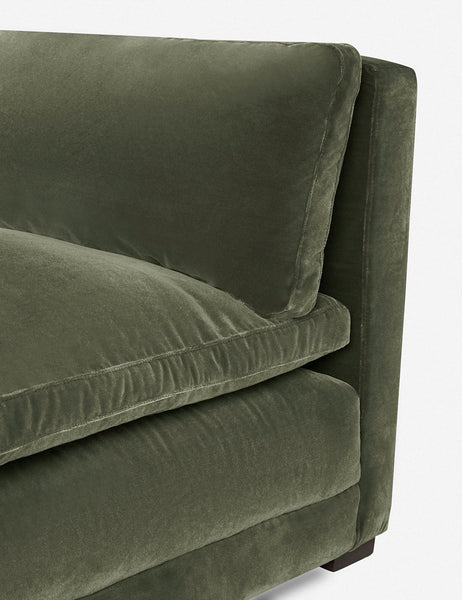 #color::moss | Close-up of the end of the Elvie Moss Green Velvet chaise