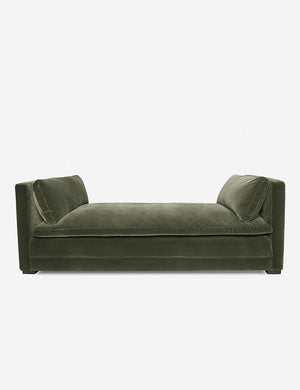 Elive Moss Green Velvet upholstered chaise with a pillowtop bench cushion and plush bolsters
