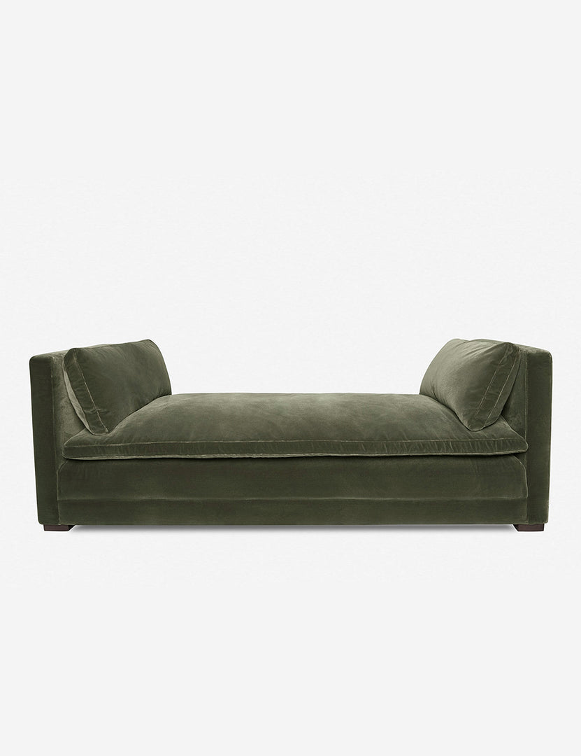 #color::moss | Elive Moss Green Velvet upholstered chaise with a pillowtop bench cushion and plush bolsters