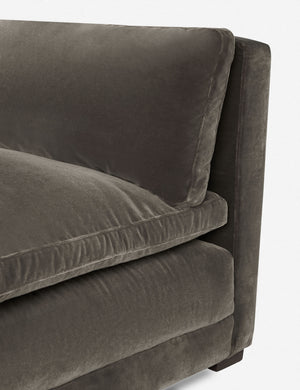 Close-up of the end of the Elvie mink gray velvet chaise