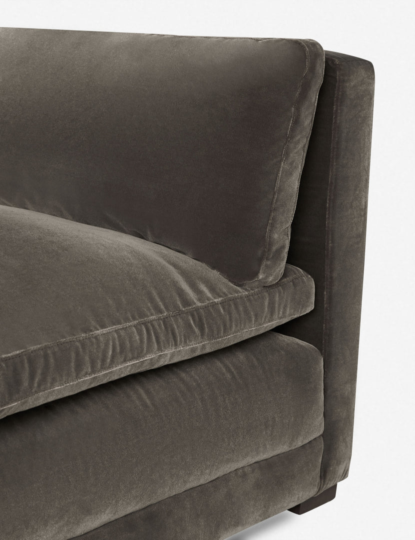 #color::mink | Close-up of the end of the Elvie mink gray velvet chaise
