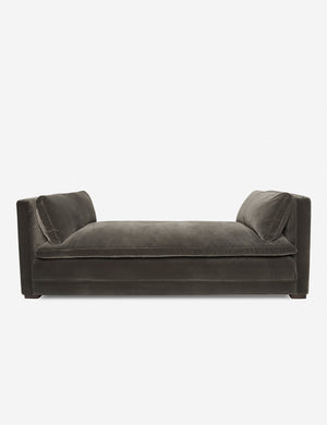 Elive mink gray velvet upholstered chaise with a pillowtop bench cushion and plush bolsters