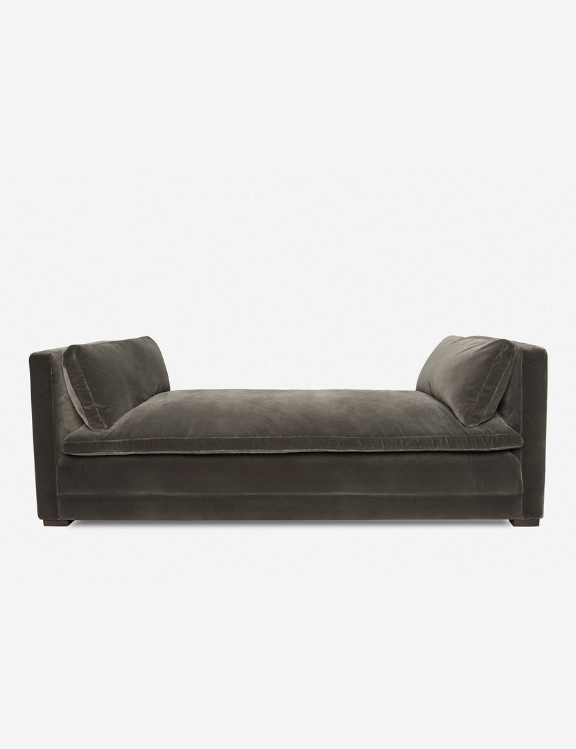 #color::mink | Elive mink gray velvet upholstered chaise with a pillowtop bench cushion and plush bolsters