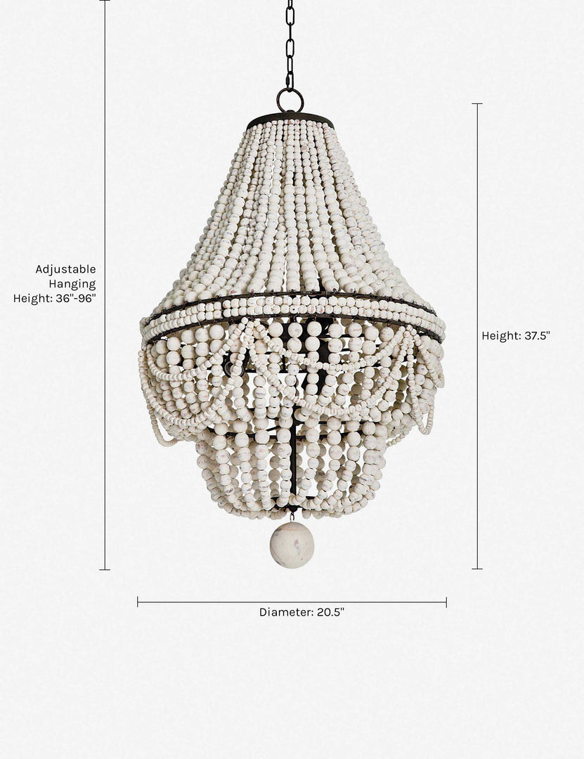 #color::white | Dimensions on the Del white wooden beaded chandelier. 