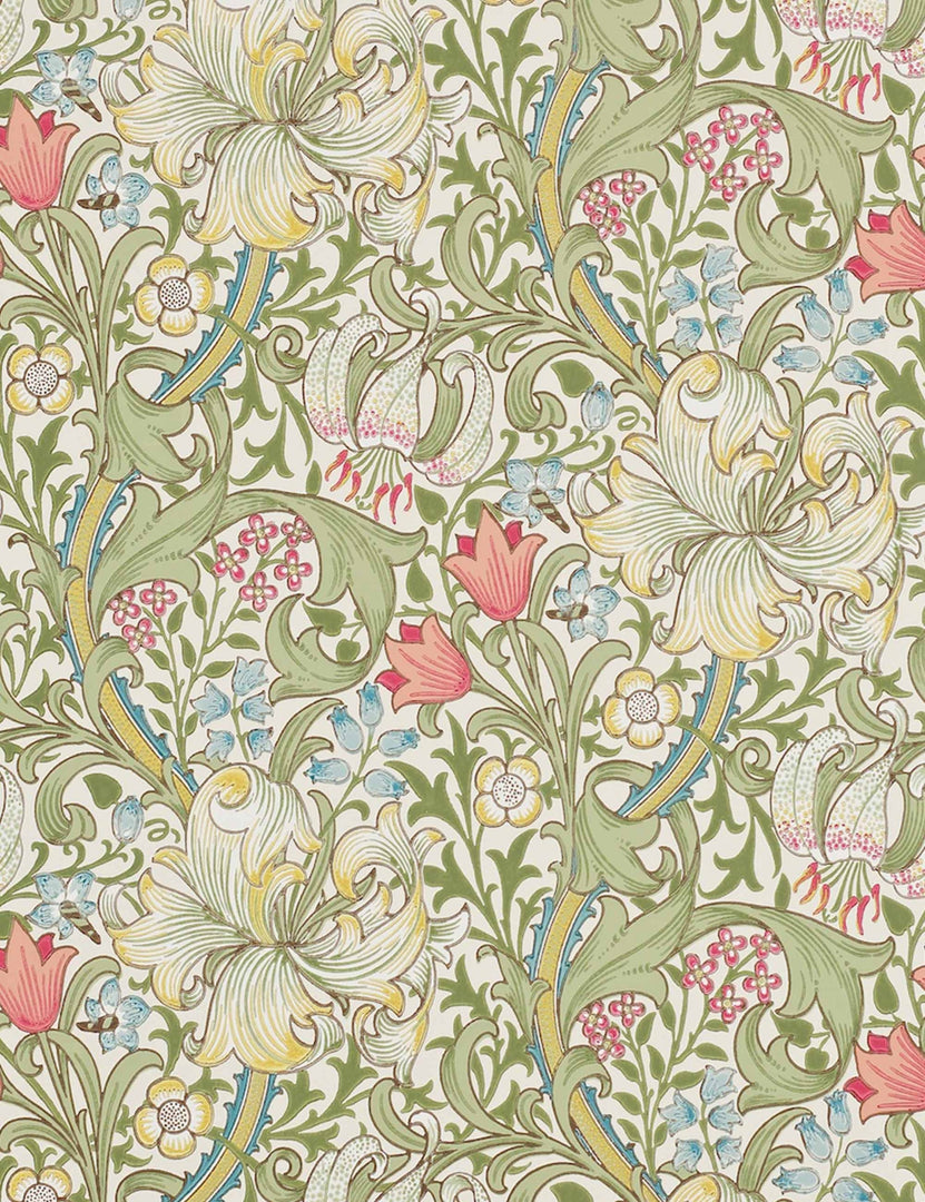 Morris & Co. Golden Lily Wallpaper, Green/Red Swatch