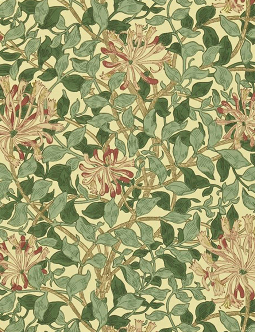 Morris & Co. Honey Suckle Wallpaper, Green Coral Pink Swatch