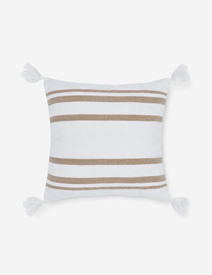 Fez indoor and outdoor white throw pillow with weather-resistant fabric, brown stripes, and fringe on all four corners