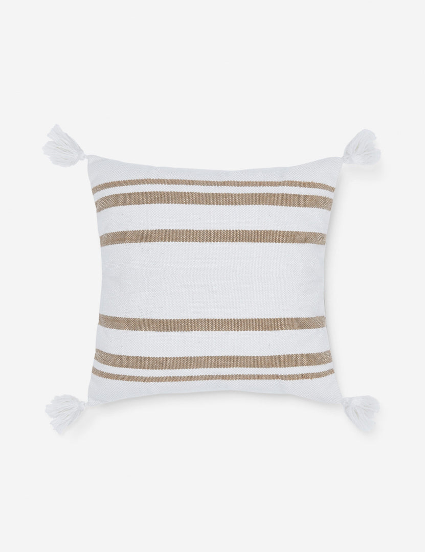 #color::camel | Fez indoor and outdoor white throw pillow with weather-resistant fabric, brown stripes, and fringe on all four corners