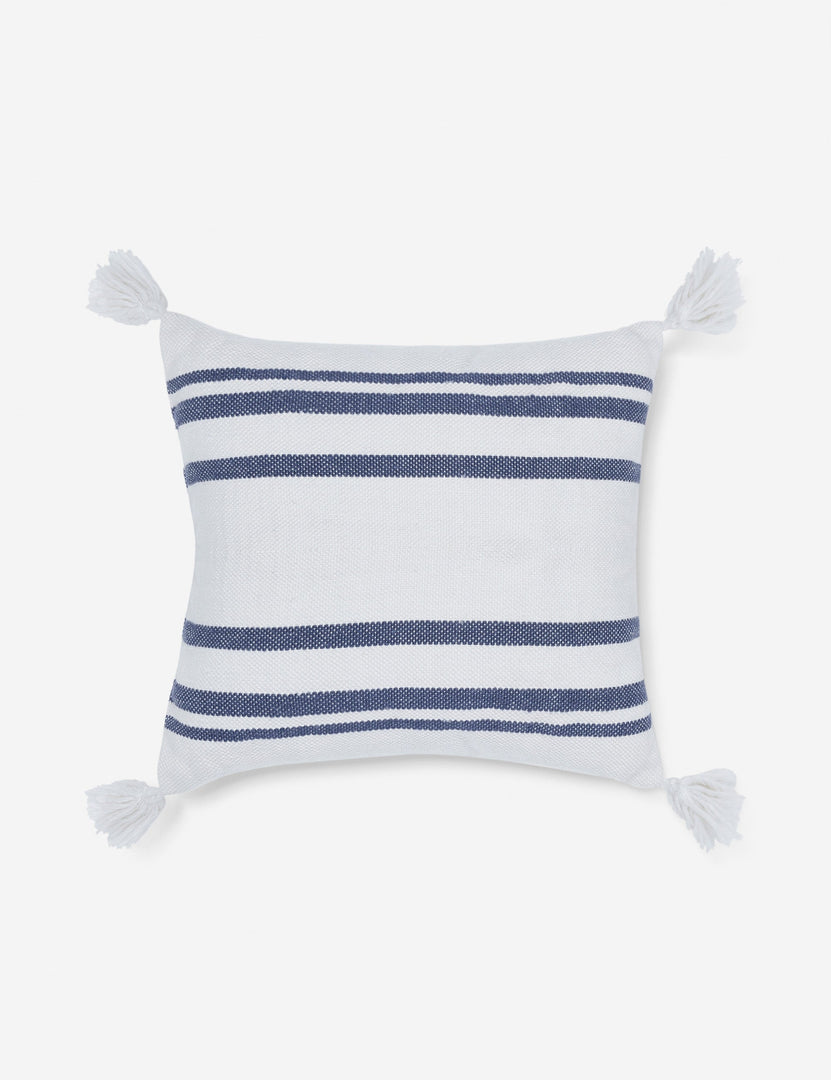 #color::slate | Fez indoor and outdoor white throw pillow with weather-resistant fabric, blue stripes, and fringe on all four corners