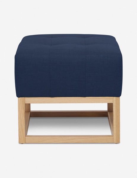 #color::dark-blue | Dark Blue Linen Grasmere Ottoman with an upholstered cushion and airy wooden frame by Ginny Macdonald