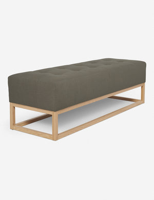 Angled view of the Grasmere loden gray linen wooden bench
