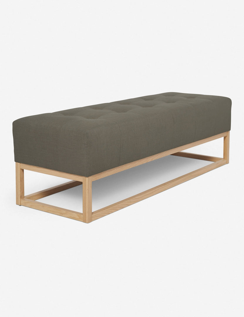 #color::loden | Angled view of the Grasmere loden gray linen wooden bench