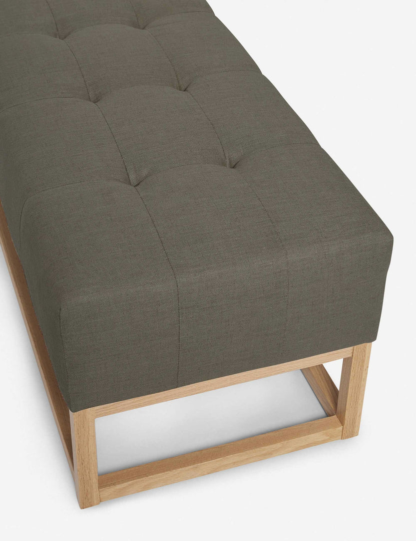 #color::loden | Upper angled view of the Grasmere loden gray linen wooden bench
