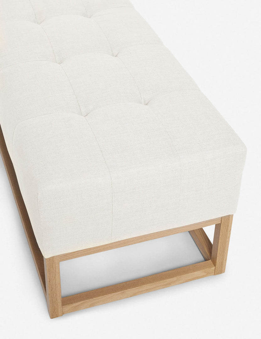 #color::oyster | Upper angled view of the Grasmere oyster white linen wooden bench