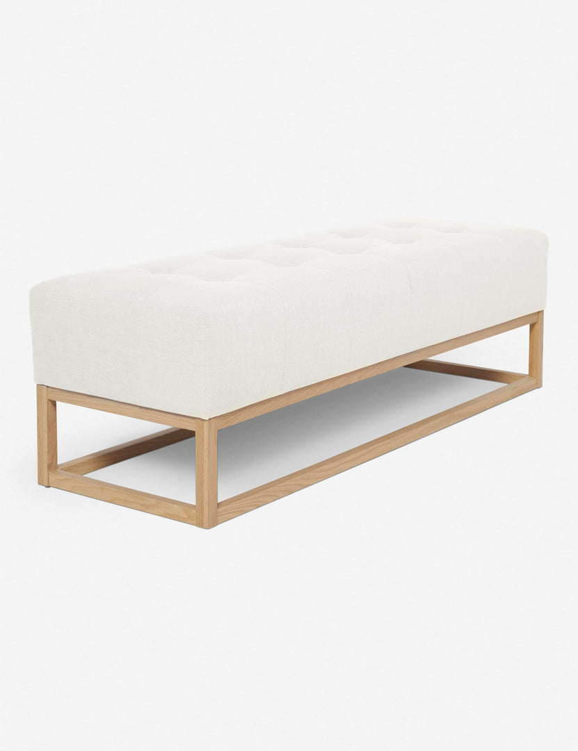 #color::oyster | Angled view of the Grasmere oyster white linen wooden bench