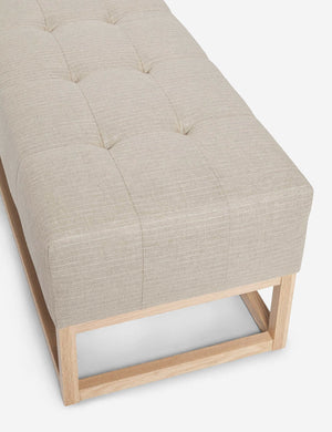Upper angled view of the Grasmere natural stripe linen wooden bench