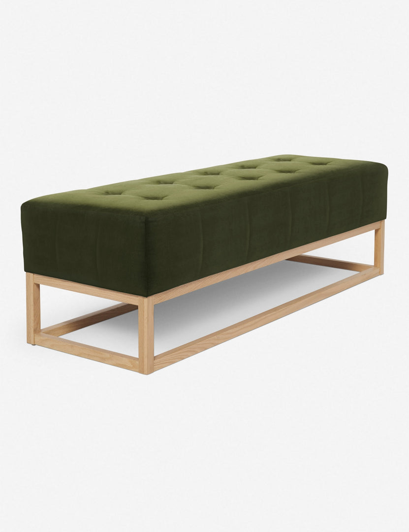 #color::jade | Angled view of the Grasmere jade green velvet wooden bench