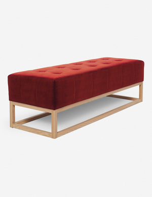 Angled view of the Grasmere paprika red velvet wooden bench