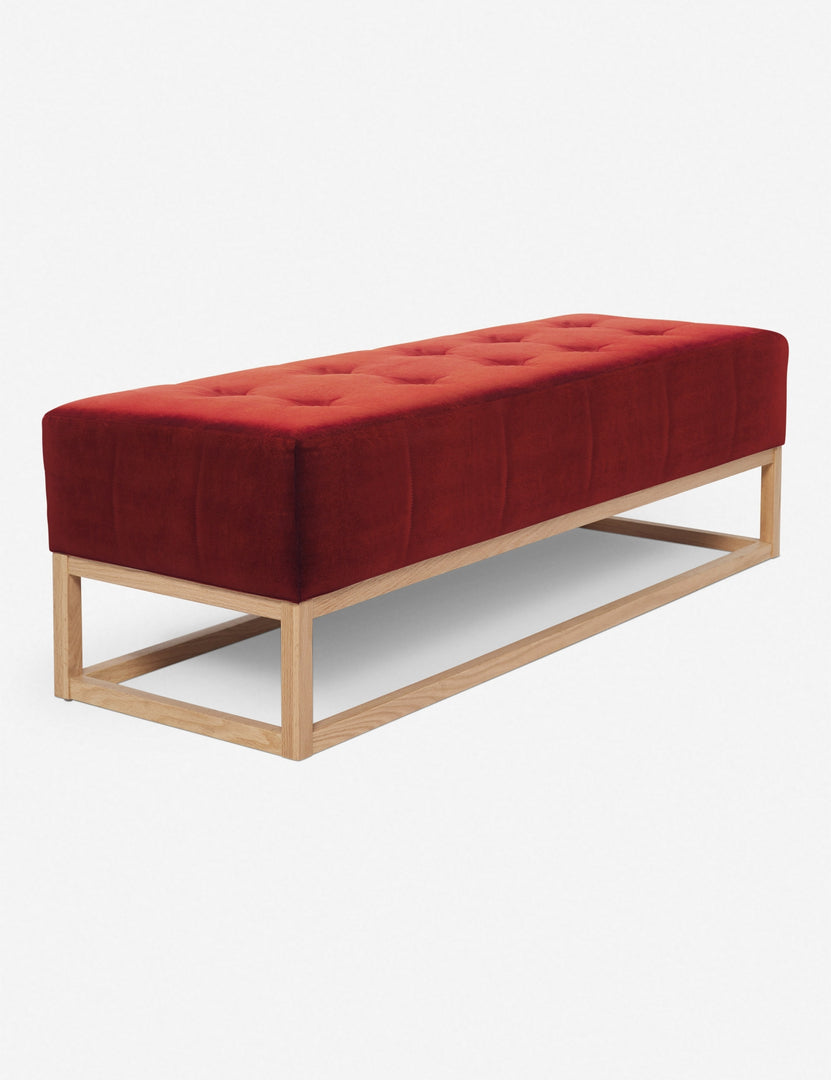 #color::paprika | Angled view of the Grasmere paprika red velvet wooden bench