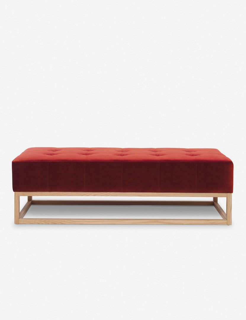 #color::paprika | Grasmere paprika red velvet upholstered wooden bench by Ginny Macdonald