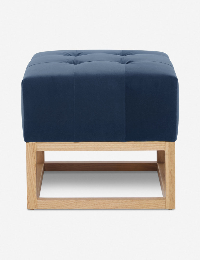 #color::harbor | Harbor Blue Velvet Grasmere Ottoman with an upholstered cushion and airy wooden frame by Ginny Macdonald
