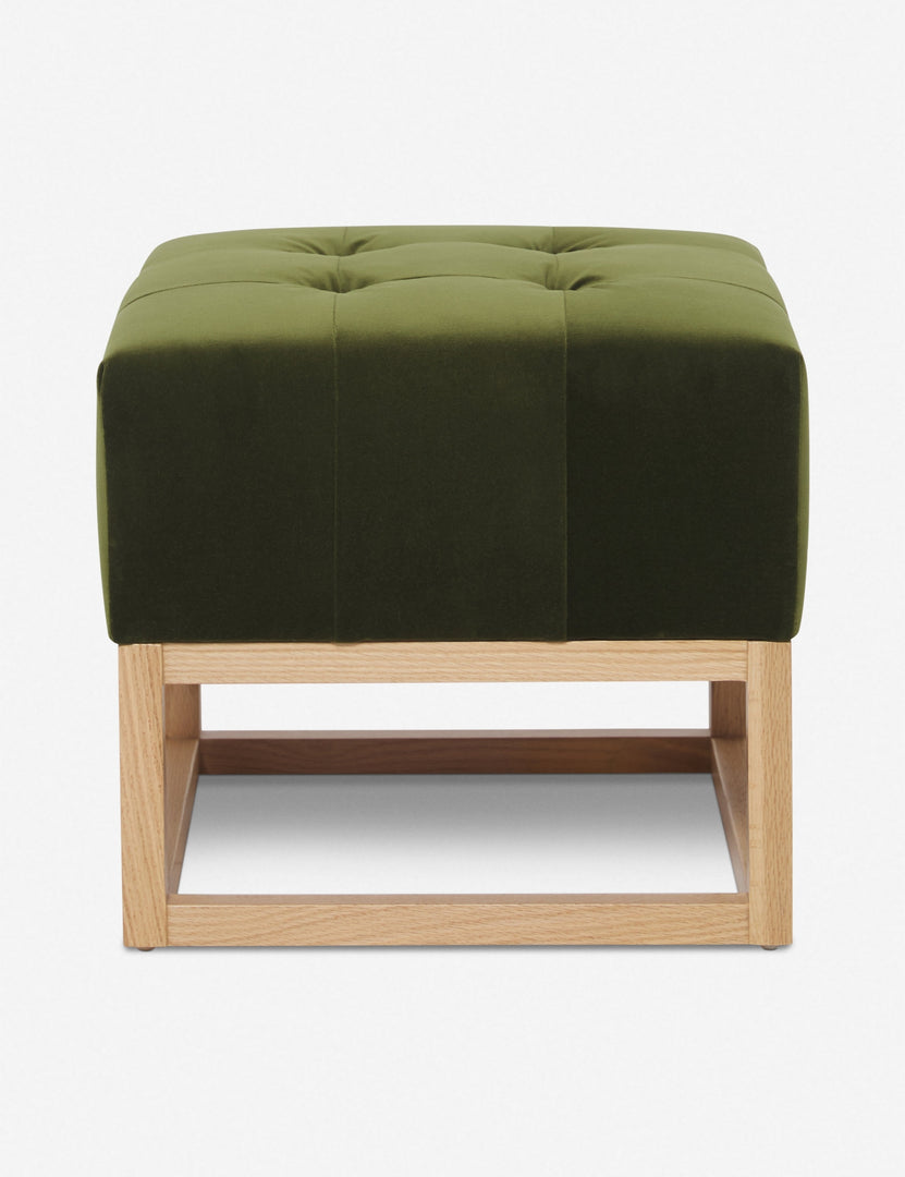 #color::jade | Jade Green Velvet Grasmere Ottoman with an upholstered cushion and airy wooden frame by Ginny Macdonald