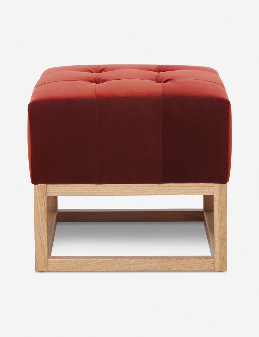 #color::paprika | Paprika Velvet Grasmere Ottoman with an upholstered cushion and airy wooden frame by Ginny Macdonald