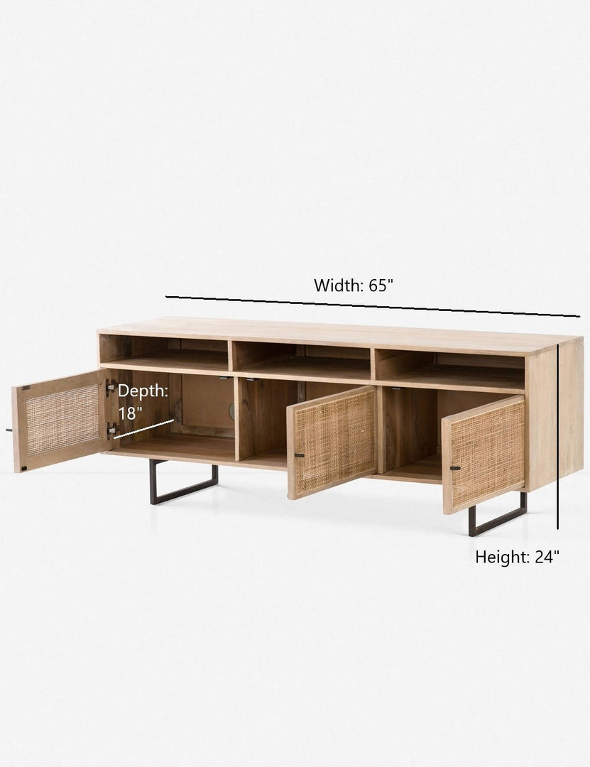 #color::natural | Dimensions on the Hannah natural mango wood media console with cane doors.