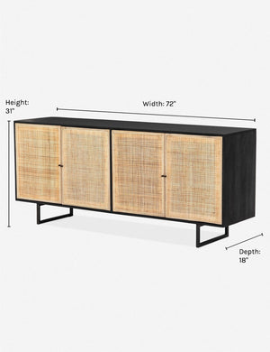 Dimensions on the Hannah black mango wood sideboard with cane doors and an iron base.