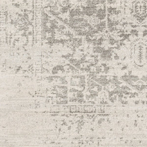 Detailed shot of the Prisha bohemian style distressed stone gray rug