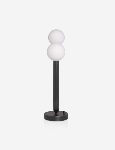#color::oil-rubbed-bronze | Side view of the Happy black, oil-rubbed bronze table lamp by Regina Andrew with a dual-metal tube silhouette with contrasting matte white bumbs