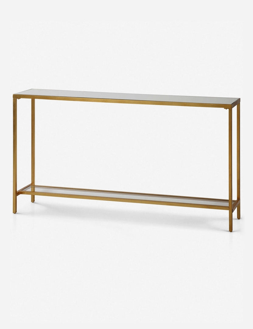 | Angled view of the Hasina sleek console table with mirrored top and gold finish