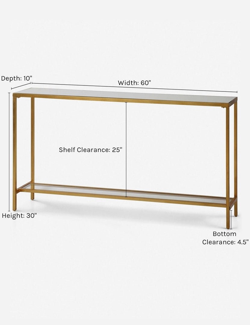 | Dimensions on the Hasina sleek console table with mirrored top and gold finish