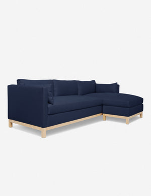 Left angled view of the Hollingworth Dark Blue Linen sectional sofa