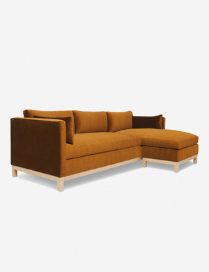 Left angled view of the Hollingworth cognac velvet sectional sofa