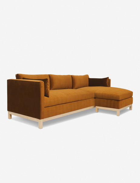 #color::cognac #size::96--x-37--x-33- #configuration::right-facing | Left angled view of the Hollingworth cognac velvet sectional sofa